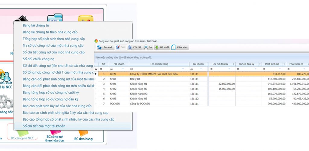 Bảng cân đối phát sinh công nợ trong phần mềm kế toán