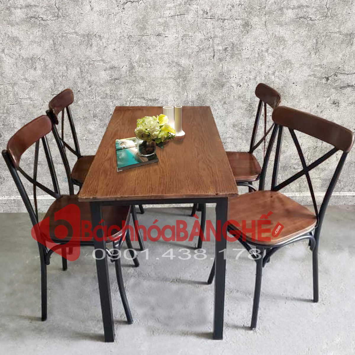 Bàn chữ nhật 120x70 quán ăn, nhà hàng mặt gỗ chân sắt Bàn chữ nhật 120x70 quán ăn, nhà hàng mặt gỗ chân sắt